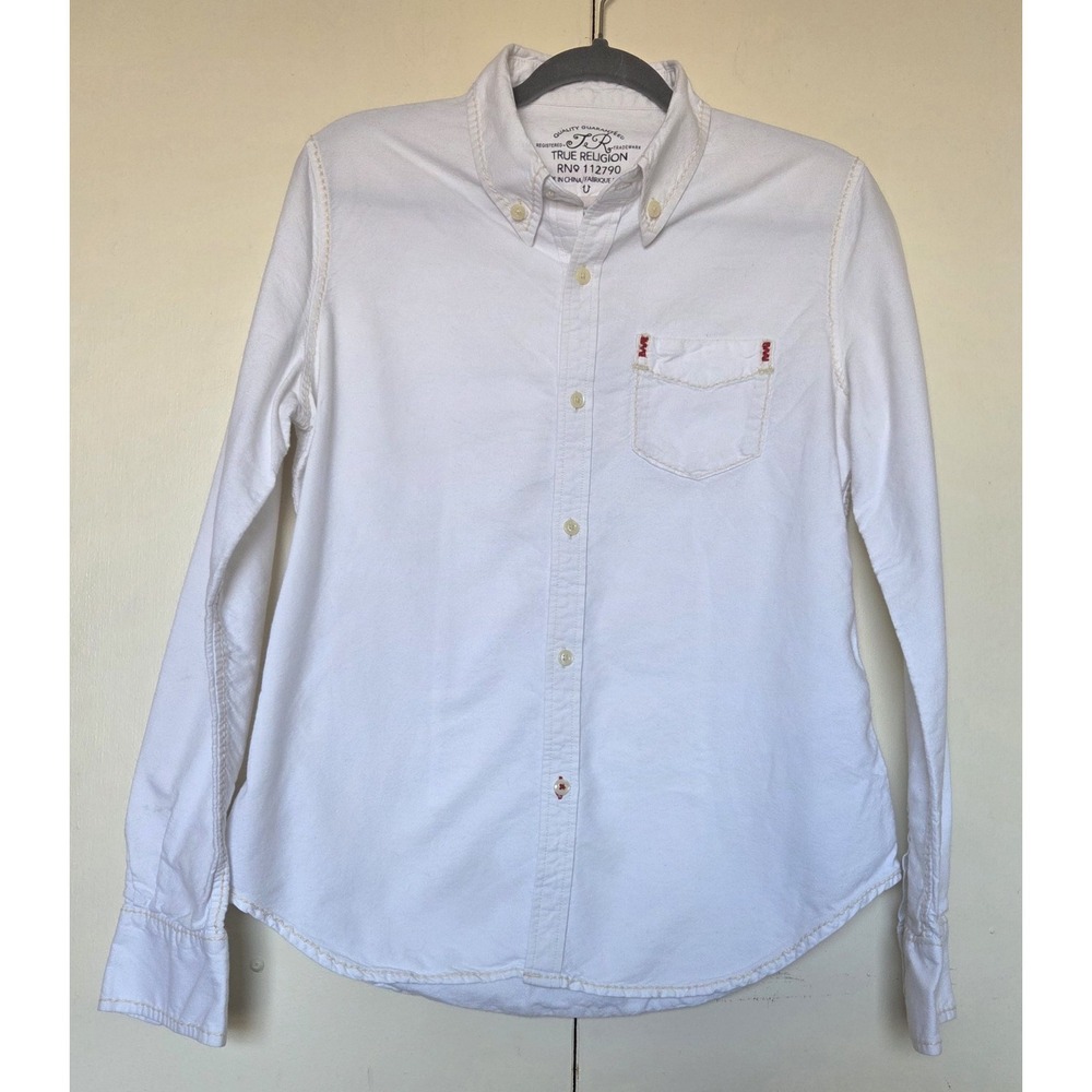 TRUE RELIGION  Woman's  White Oxford Fitted Cotton Shirt Sz Large ~EUC ~
